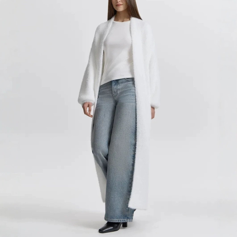 Cross-border faux mink fur white knitted cardigan coat for women, autumn and winter loose fluffy long cardigan