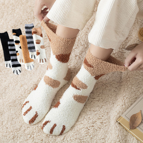 Socks for women, coral velvet mid-calf socks, cat claw warm wool autumn and winter thickened plus velvet sleeping floor socks, long tube confinement socks