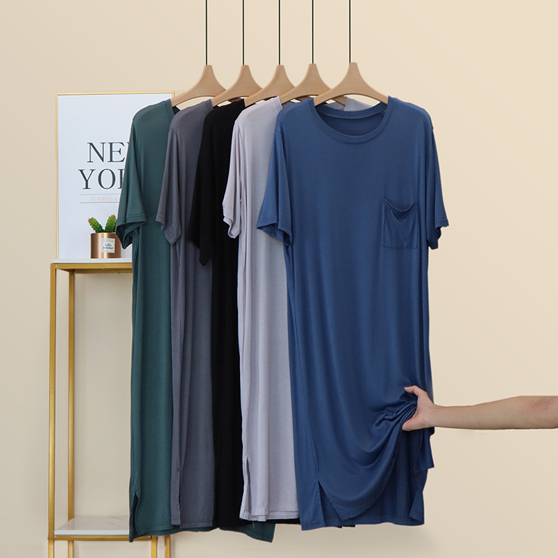 Men's Modal Nightgown Loose Dress Mid-Length Bathrobe Short-Sleeved T-Shirt Dress Large Size Home Clothes Summer Thin Style