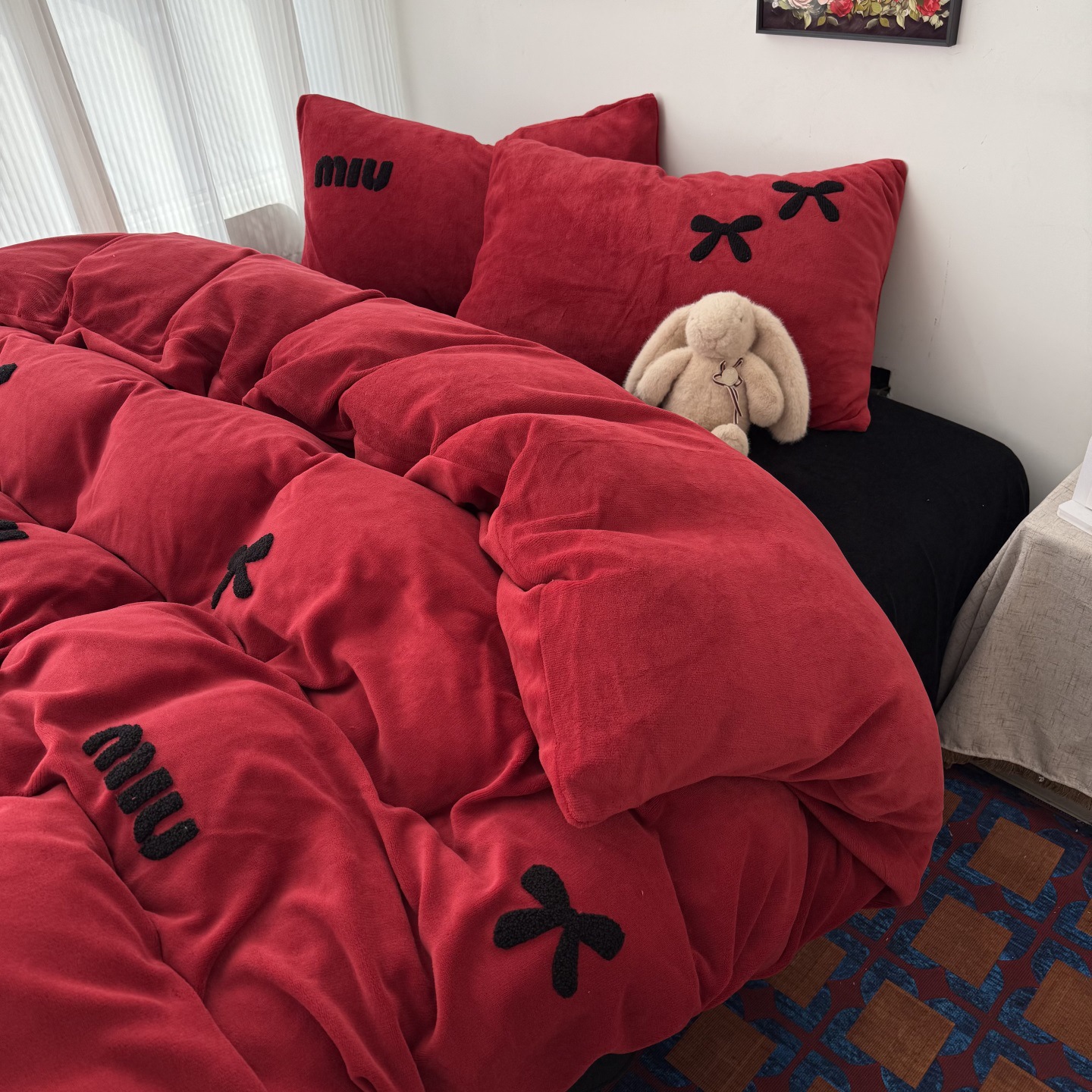 韩式卡通毛巾绣牛奶绒四件套冬季加厚珊瑚绒被套床单少女心三件套