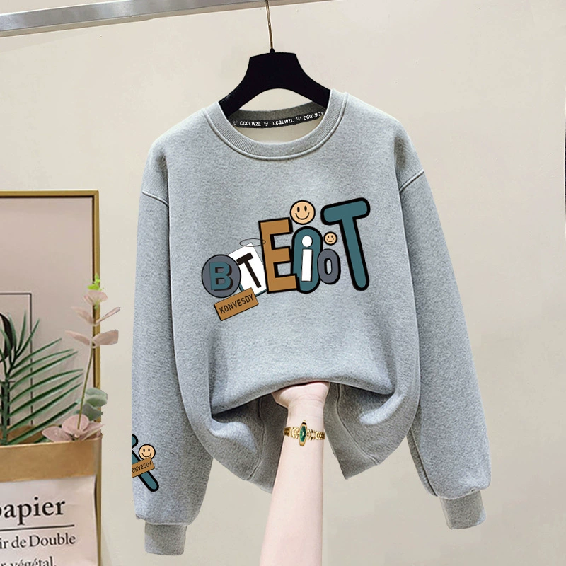 Оптовая Продажа с фабрики, Модный пуловер с круглым вырезом, женский осенне-зимний флисовый подкладка, плюс толстый хлопковый топ с длинным рукавом для молодежи