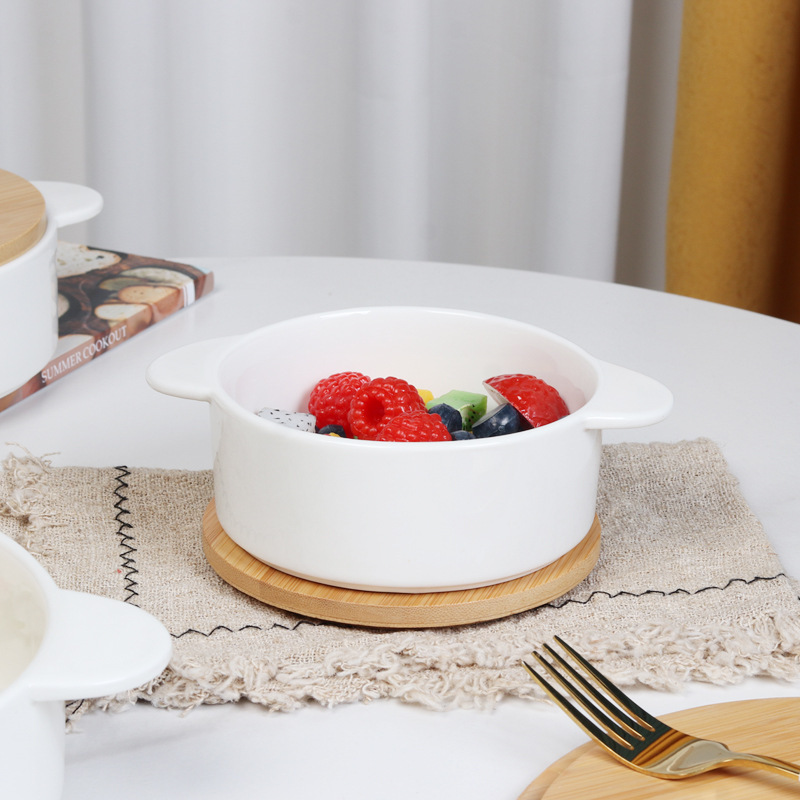 New Ceramic Double-Eared Bowl Set for Home Use, Oven Baking Bowl, Egg Steaming Bowl, Serving Bowl, High-Temperature Resistant Ceramic Bowl