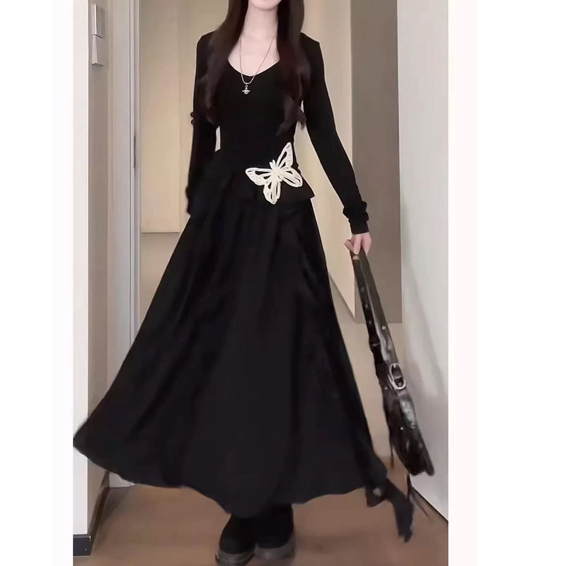 大码法式小黑裙不规则高级感连衣裙女秋季胖MM遮肚子显瘦长袖裙子|undefined