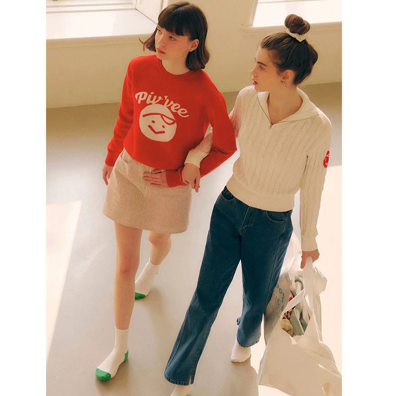 Korean Pivvee Golf Clothing Women's Knitted Pullover Soft Round Neck Pullover Sweater