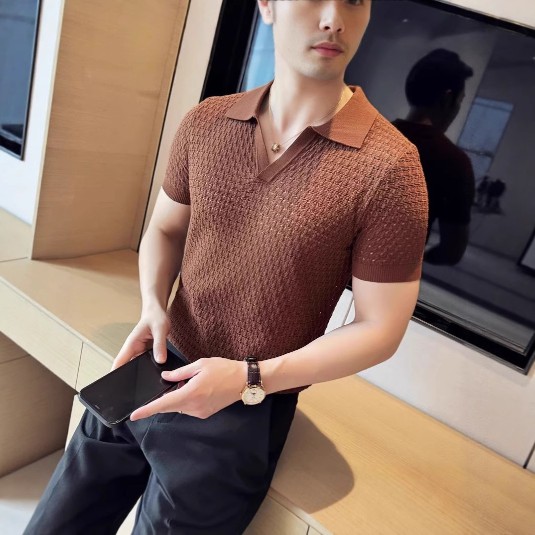 2025 camiseta cocida ligera de punto hueco transfronterizo, camiseta de manga corta delgada de verano con cuello redondo, camiseta de moda