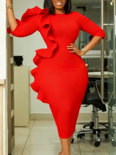 D608 European and American fashionable women's clothes round collar temperament quarter sleeve ruffled elegant African dress