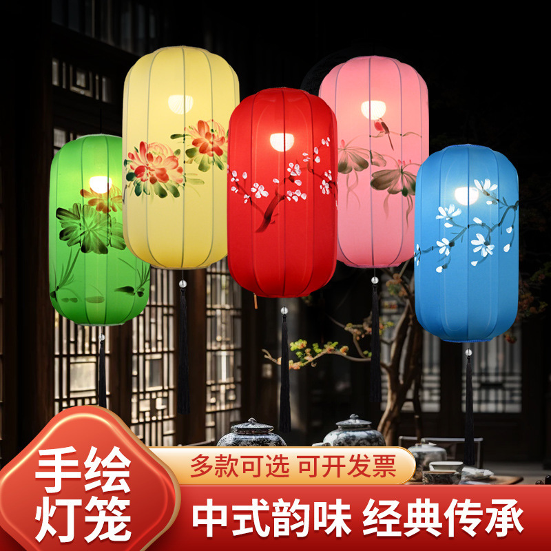Chinese-Style Outdoor Waterproof Classical Palace Lantern Restaurant Retro Chandelier Lantern Hanging Decoration Hand-Painted Chinese-Style Fabric Lamp