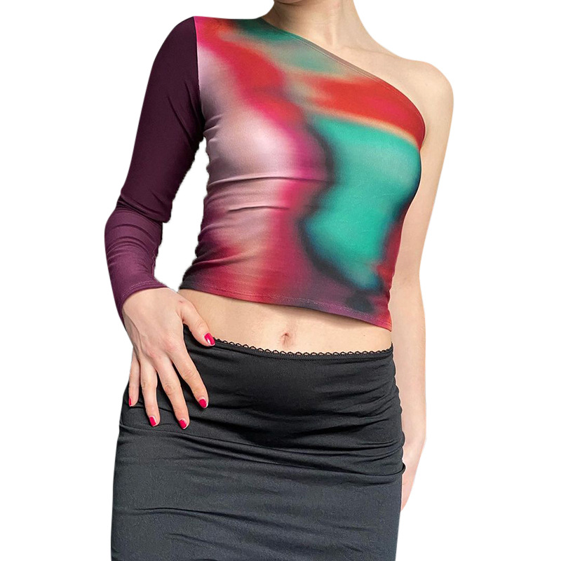 Multicolor printing pullover one-shoulder sleeve polyester oblique collar cropped blouse NSSWF81086