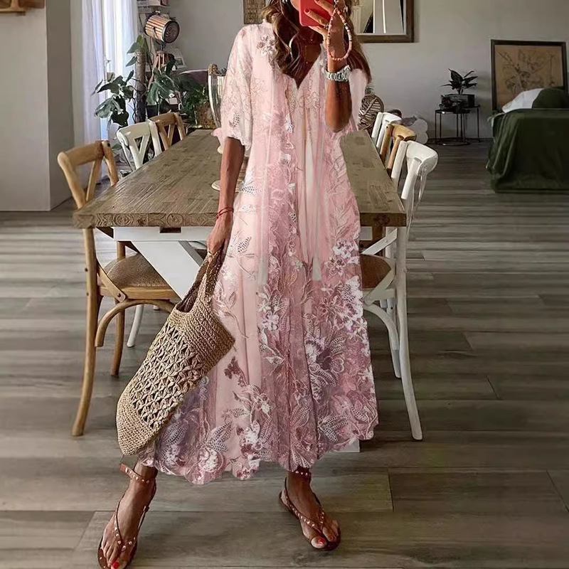 316343 New European and American plus size dress Mother Dress Elegant Dress Summer Lace Printed Casual Dress