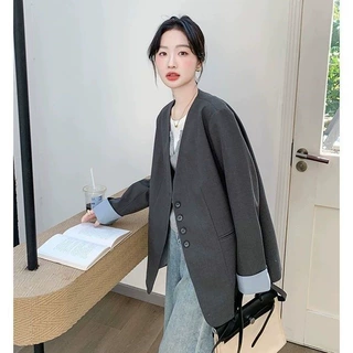 韩系拼接灰色高级感西装外套女秋季2026年新款设计感独特气质西服