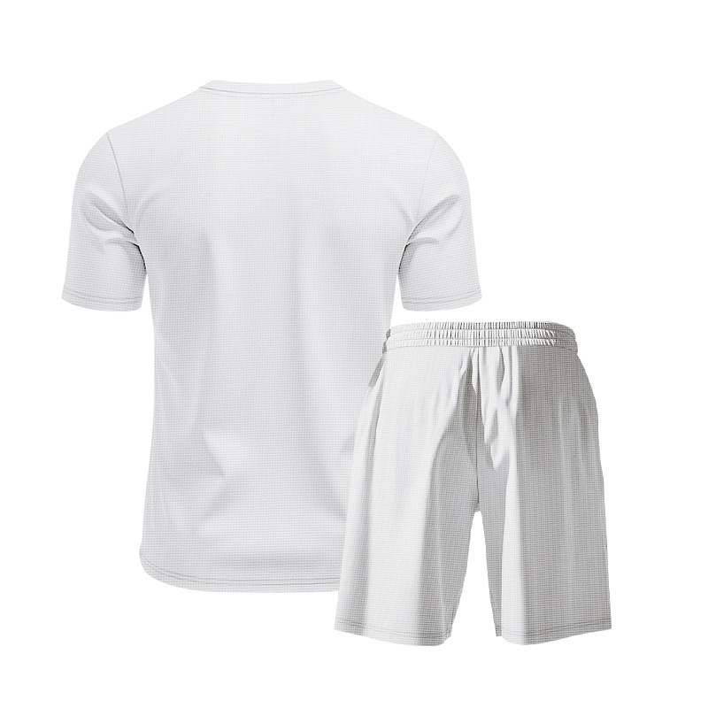 Men's Clothing Summer Men's Loose Waffle Two Piece Suit Round Neck Short Sleeved Shorts Set Simple Style For Formal & Casual_viptrois.com