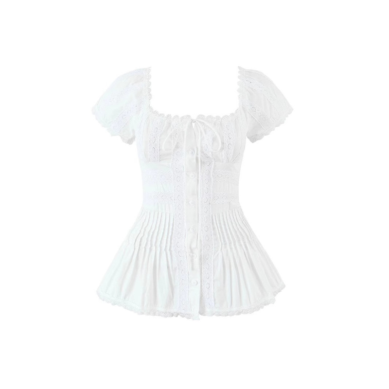 French Court Style Heavy Lace Splicing Slim Pleated Top with Lace-Up Buttons and Short-Sleeved Waist-Cinching Top