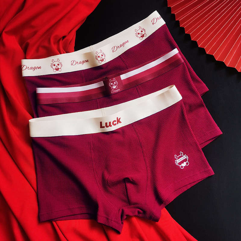Burgundy Men's Underwear Modal Cotton Boxer Briefs Wedding Gift Christmas New Year's Day Holiday Red Underwear