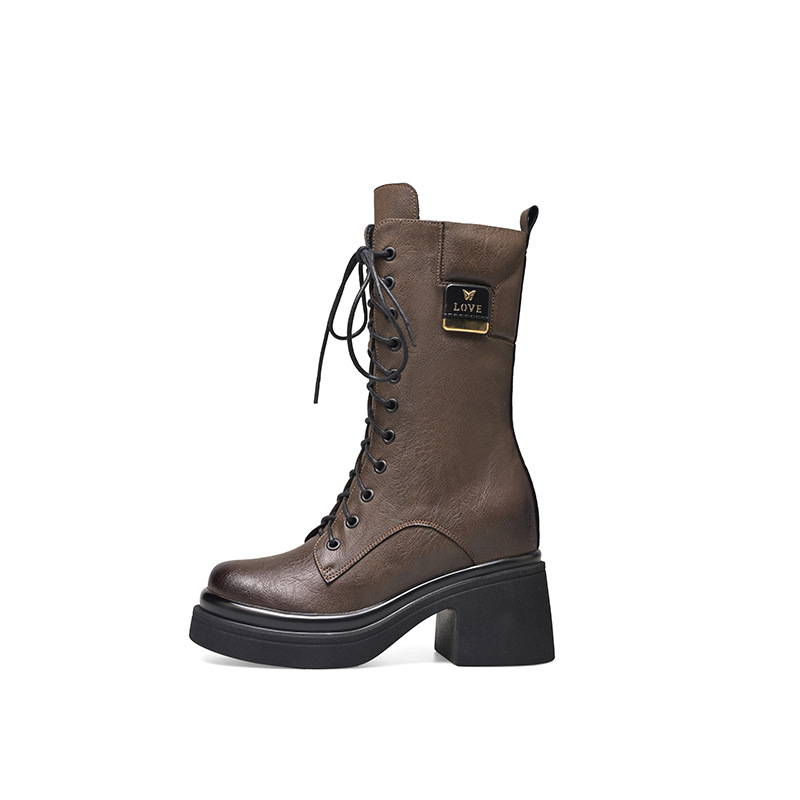 Boot nữ cổ thấp dây buộc mũi tròn đế dày gót 10 cm phong cách Anh quốc cổ điển — Nhung kaki đậm