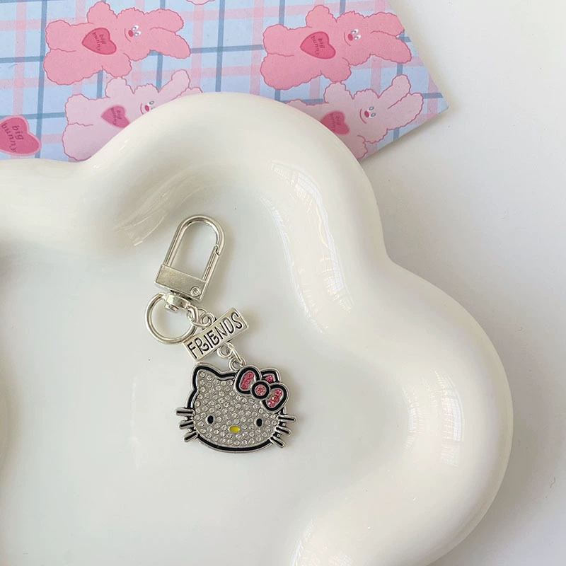 KT Cat Keychain Pendant, Cute Diamond-Mosaic Charm, Silver-Tone, 6×8×2 cm
