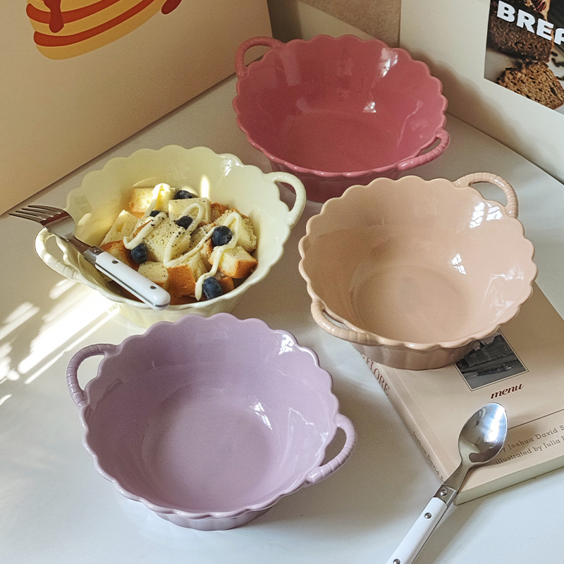Tazón de cerámica de doble oreja de estilo de crema de alto valor, vajilla de cerámica de color vidriado fresco, tazón de ensalada, tazón de fideos instantáneos, tazón de sopa