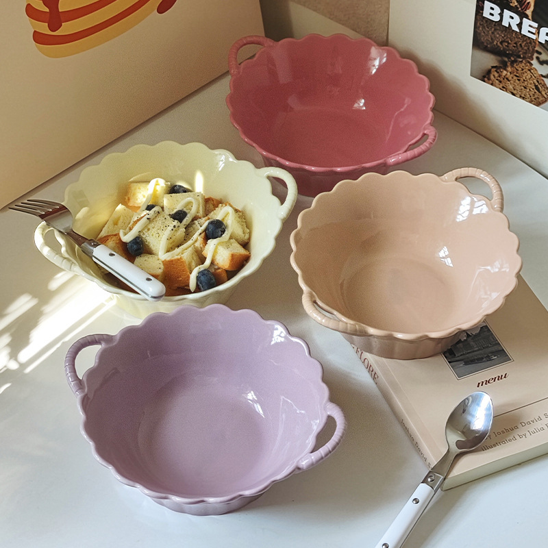 High-Looking Cream Ins Style Ceramic Double-Eared Bowl Fresh Underglaze Color Ceramic Tableware Salad Bowl Instant Noodle Bowl Soup Bowl