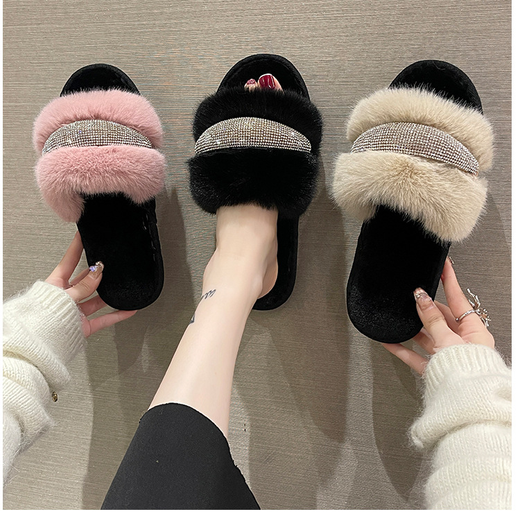 Pantofole piatte in cristallo di nuova pelliccia per il commercio estero con diamanti Moda donna alta e bassa in lana con apertura a una linea in cotone transfrontaliero_voghion.com