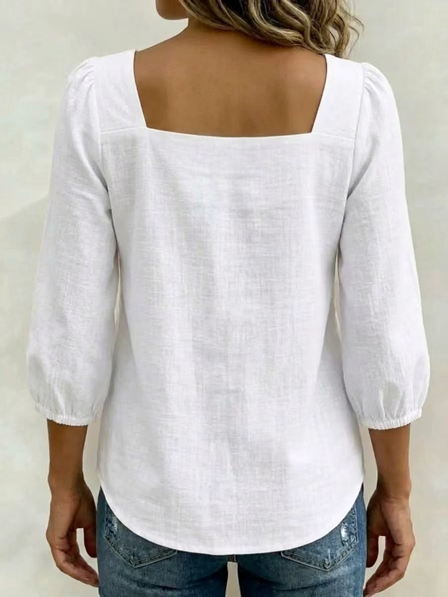 Women's Clothing Women's Style Square Neck Blouse Bow Tie Top Puff Sleeves Three Quarter Length Elegant Outfit_ecoleips.com