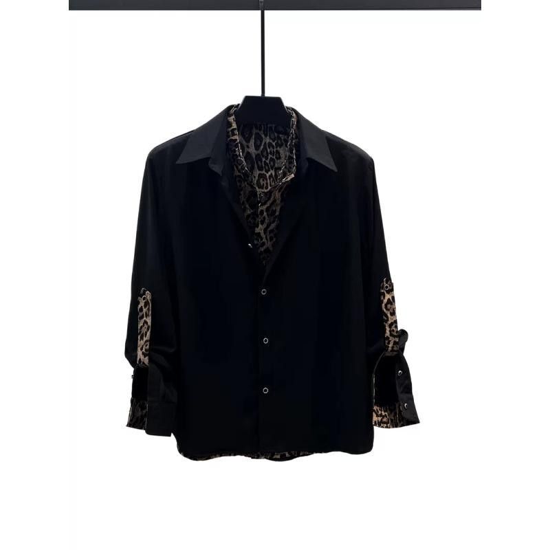 Designed with leopard print and patchwork, this men's long-sleeve shirt features a high-end, stylish, and casual look with a relaxed fit and a faux two-piece design, suitable for commuting