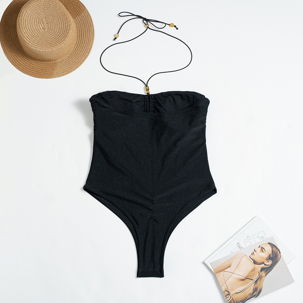 Solid Color Pleated One-piece Swimsuit Women's Lace-up Tight