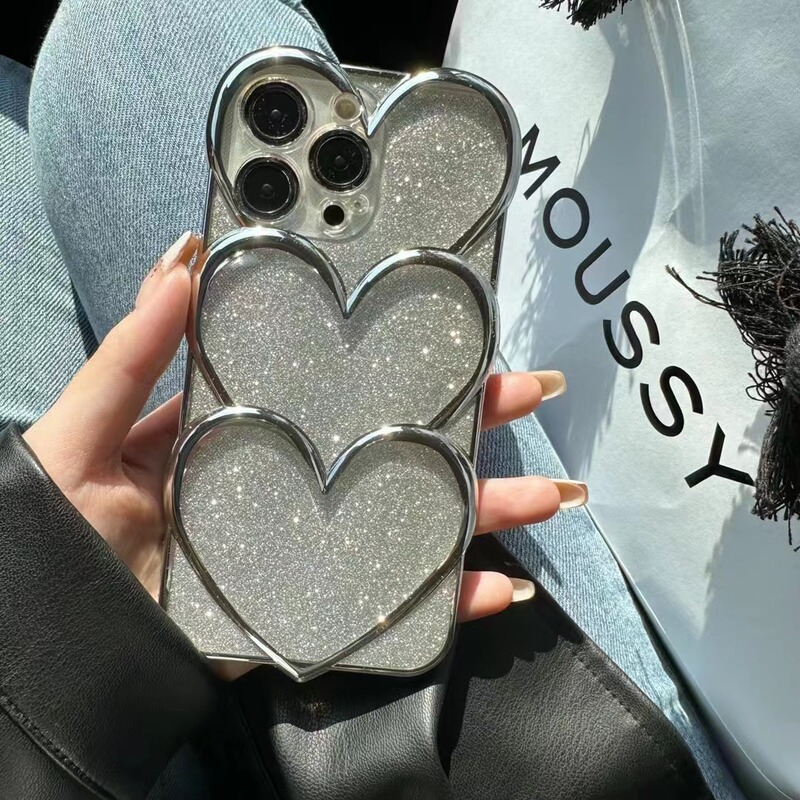 Electroplated Stacked Love Apple 13promax Mobile Phone Case Suitable for iphone11 Protective Case Chain silver 12 Women Electroplated Stacked Love Apple 13promax Mobile Phone Case Suitable for iphone11 Protective Case Chain silver 12 Women
