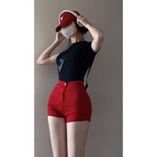 高腰红色复古牛仔短裤女夏季2024新款小个子紧身外穿美式甜辣热裤