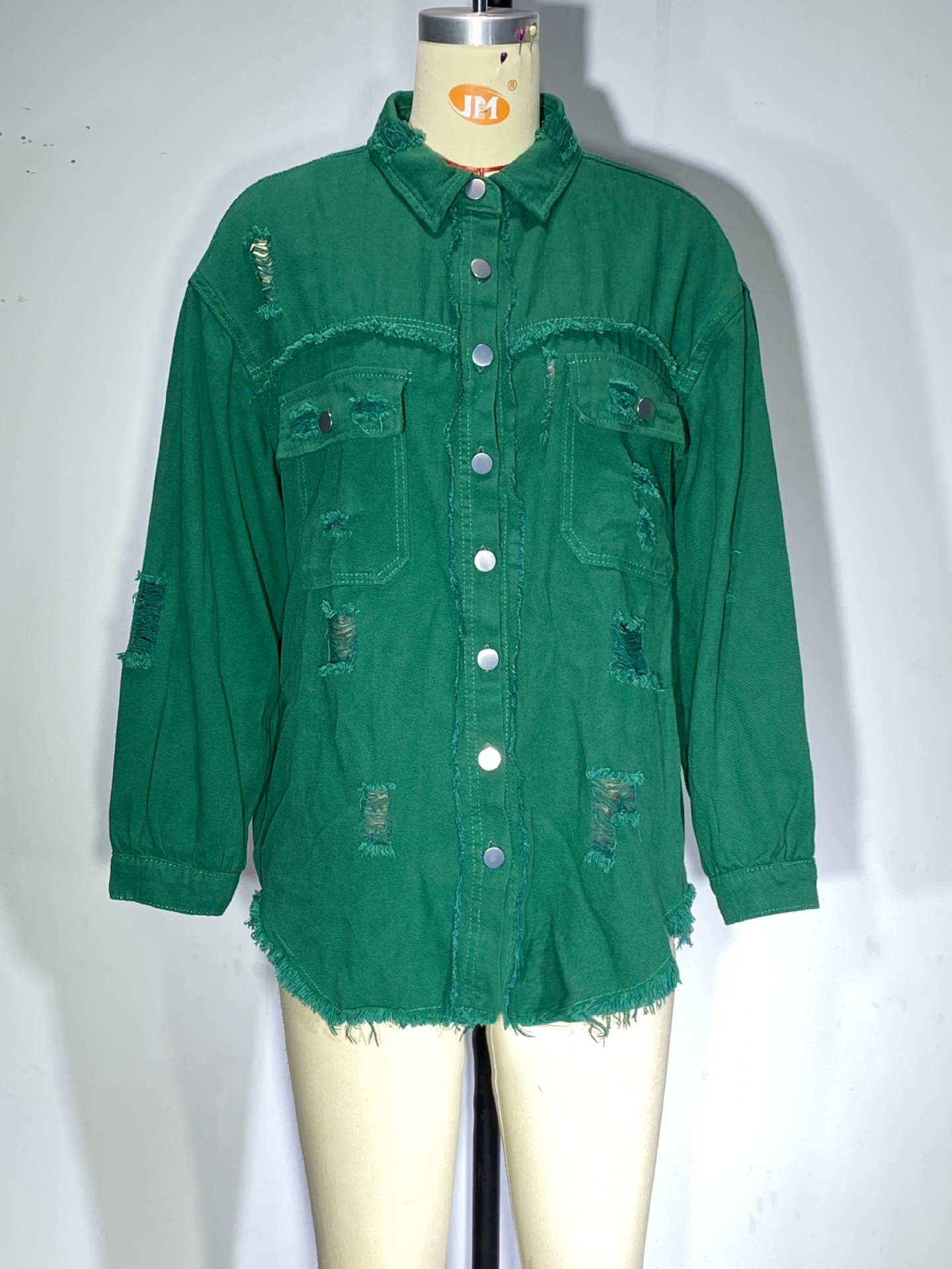 Giacca di jeans donna con volant strappata bavero manica lunga_voghion.com