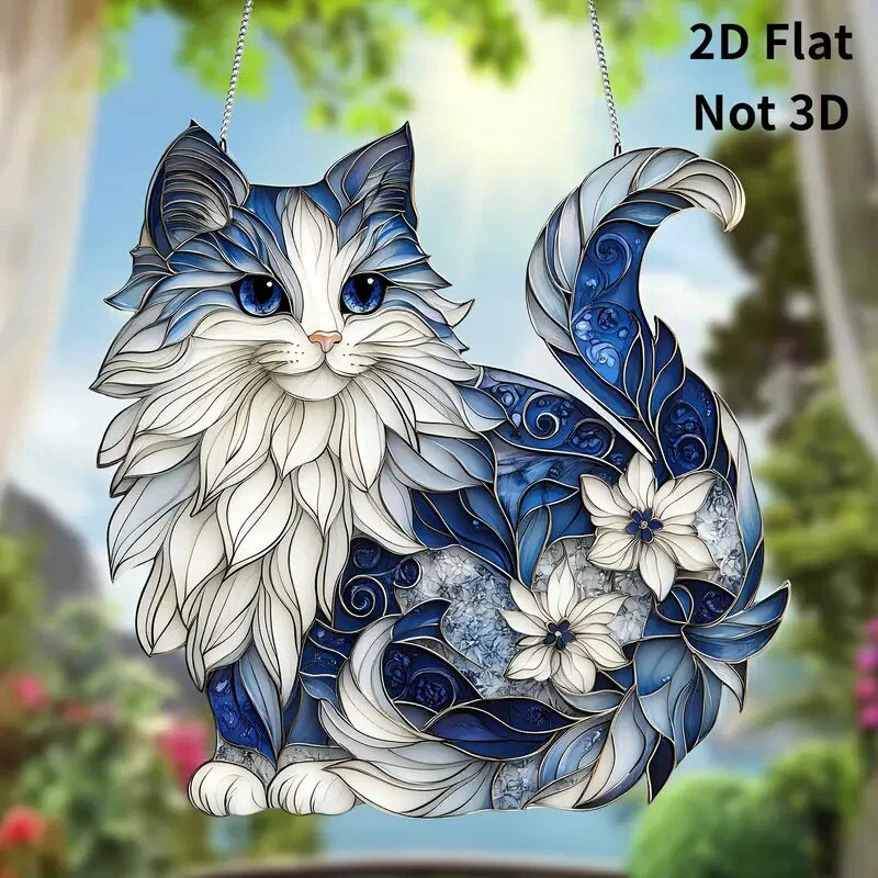 Acrílico transfronterizo gato azul puertas y ventanas colgantes de decoración de pared doméstica colgantes de cadena captador de sol colgantes