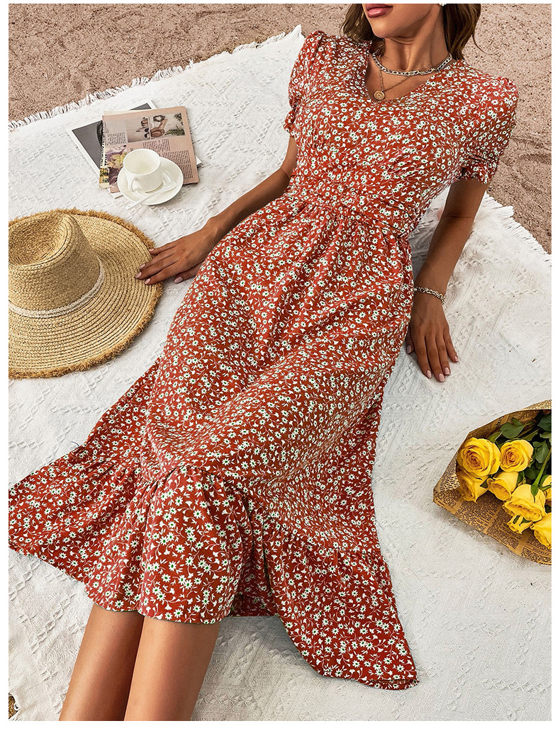 Spring Summer Dress Holiday Floral Printed High Waist Sling Large Swing Dress