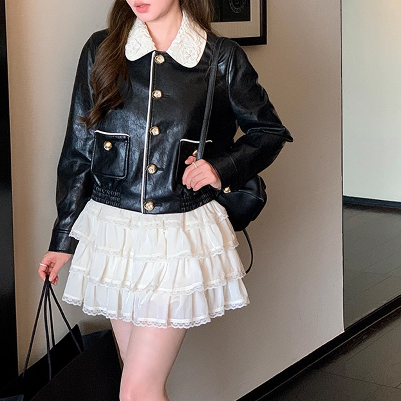 miu系千金风娃娃领环保皮衣女短款夹克小香外套小个子穿搭上衣潮|undefined