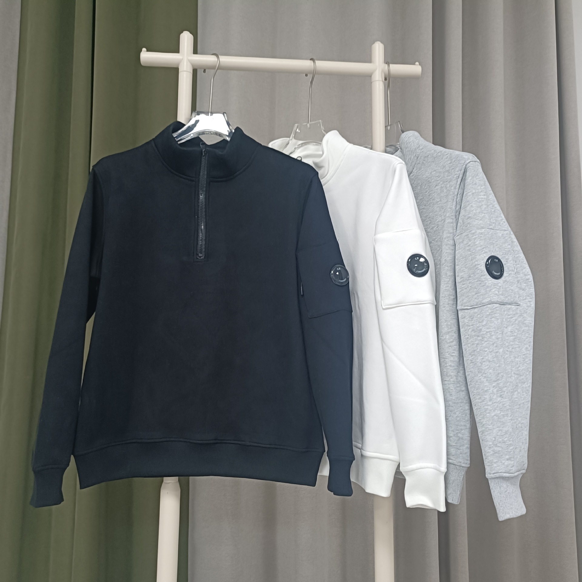 Cp Cross-Border Factory Ready Stock Company Half-Zip Fleece Sweatshirt Pure Color Flap Pocket Pants Lens Badge Same Style for Men and Women 1