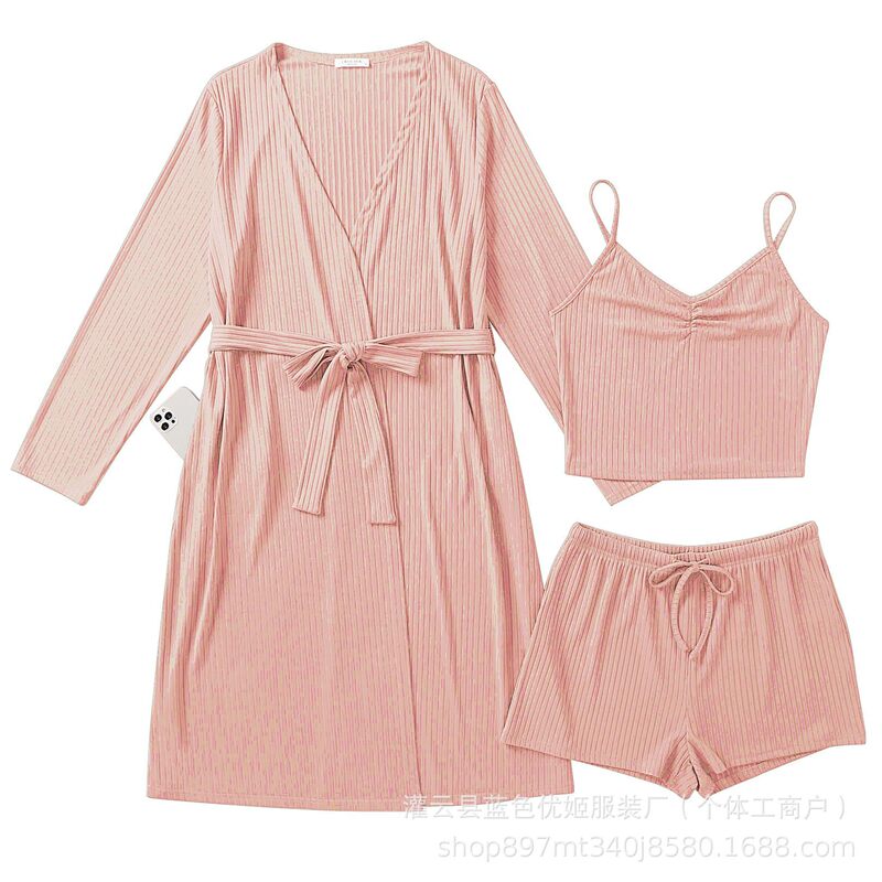 Custom Amazon Ladies Pit Strip Pajamas 3 Piece Lounge Set Soft Shorts Pajamas Cardigan