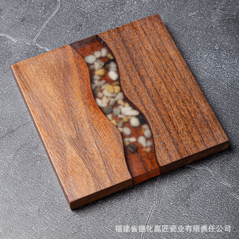 Resina transfronteriza almohadilla de taza de río piedra árbol de Navidad madera sólida empalme epoxi simple transparente almohadilla de taza de té cuadrada
