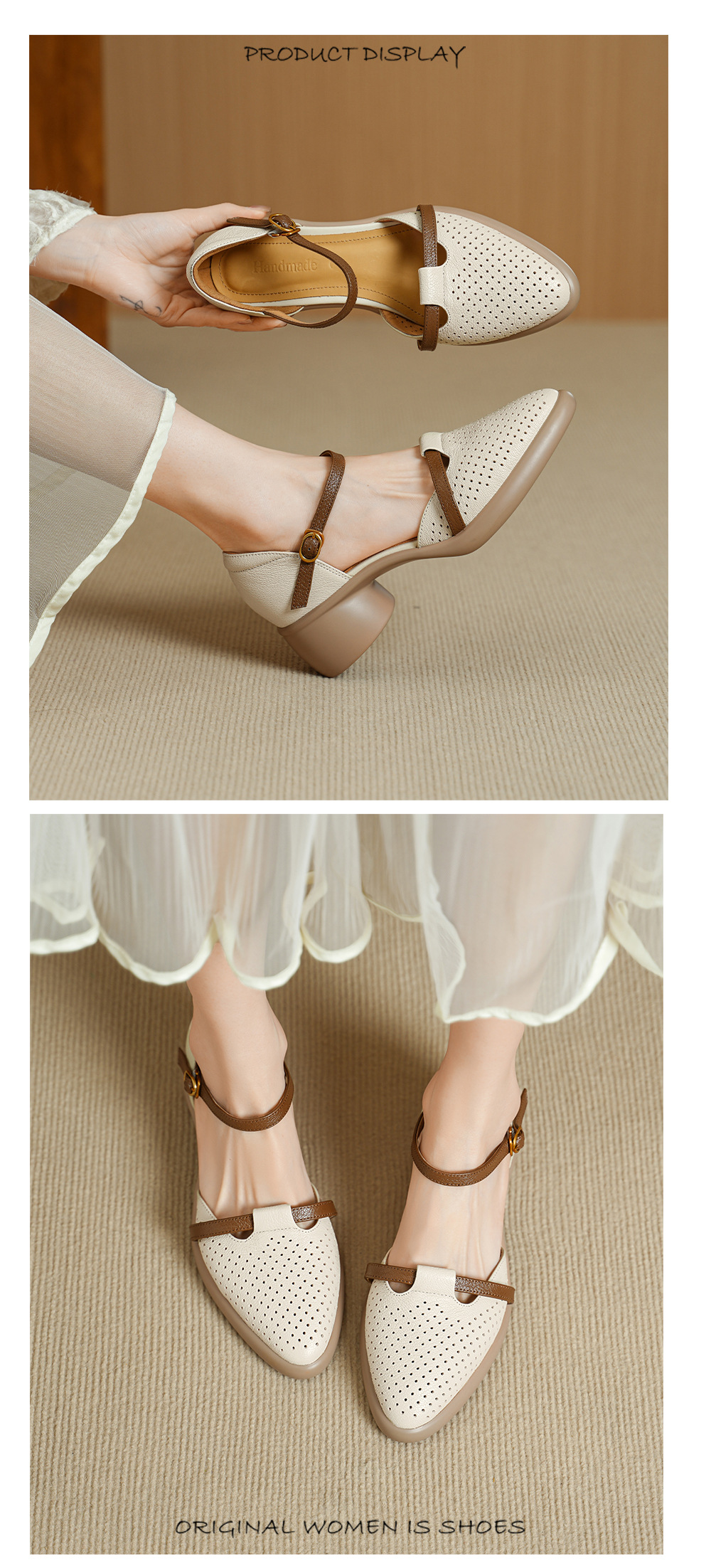 Sandal nữ quai ngang da dê mũi tròn gót vuông cao 9 cm — màu trắng ngà chi tiết 7