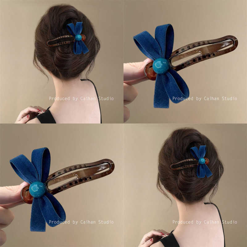 Dark Blue Coast~Velvet Bow Duckbill Clip Fashion Retro Duckbill Clip Back of Head Clip Travel Hairpin