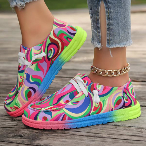 Women's Casual Canvas Ankle Boots with Colorful Tape and Folk Art Design