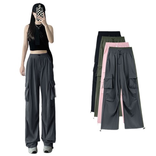 American-style spicy girl work pants women drawstring casual pants summer drape loose straight-leg wide-leg pants floor-length long pants trendy