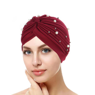 European and American fashion pleated women's pullover hat Indian hat size beads Muslim headscarf hat