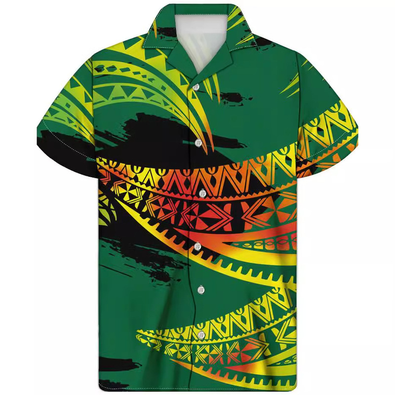 New Polynesian Style Gradient Print Summer Vacation Seaside European and American Loose Cuban Collar Shirt Short-Sleeved Men