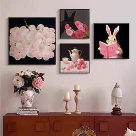 玛格丽特高级感客厅组合装饰画粉色中古风玄关餐厅背景墙艺术挂画