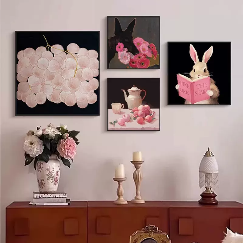 玛格丽特高级感客厅组合装饰画粉色中古风玄关餐厅背景墙艺术挂画