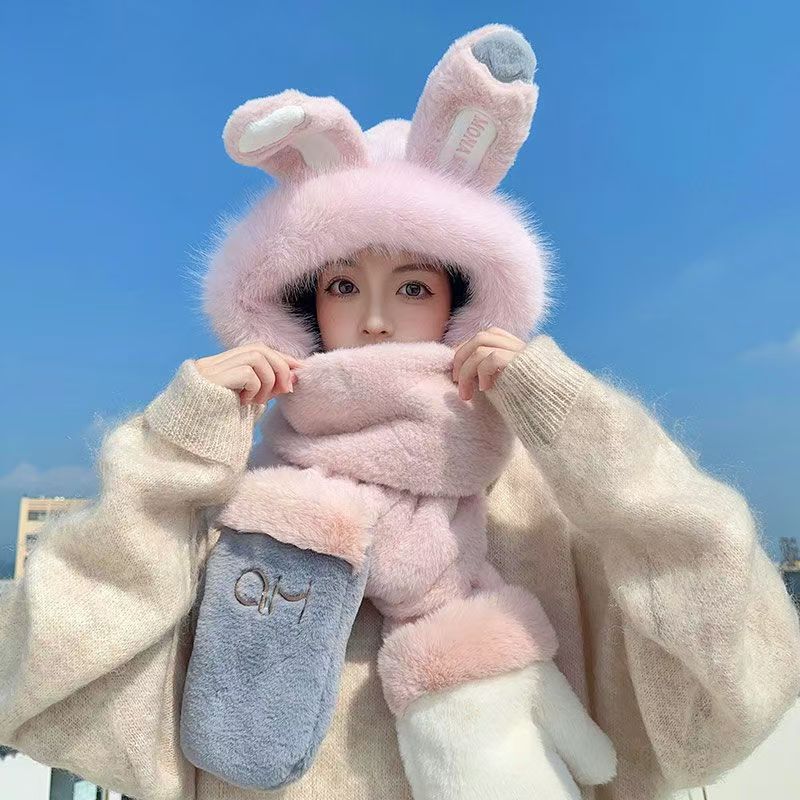 Añadir vello grueso lindos sombrero bufandas de oso en un conjunto de dos piezas para mujeres otoño y invierno nuevo buñuelo de peluche cálido con sombrero