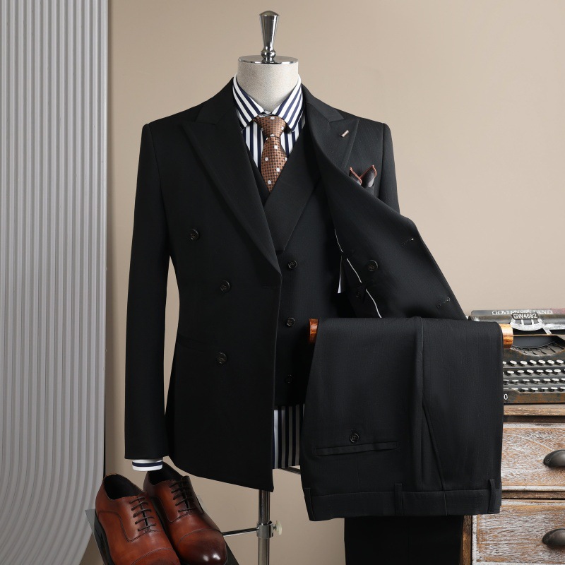 Men's Double Breasted Three Piece Suit Business Casual Korean Style Trendy Wedding Attire For Groomsmen Wrinkle Resistant_voghion.com