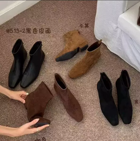 羊皮版~小众方头2025夏季内短靴女冬韩系小踝靴厚底马丁靴瘦瘦靴