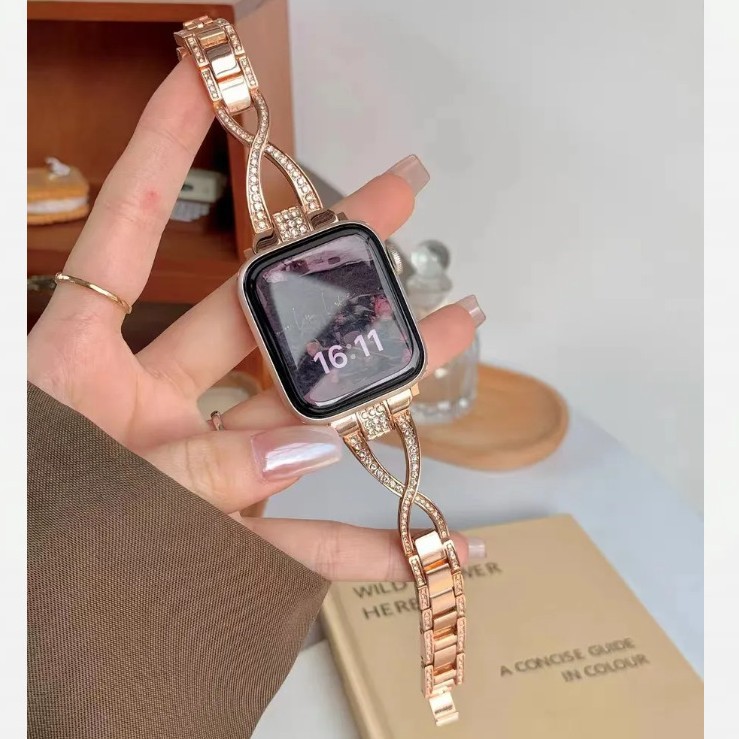 Suitable for Apple Watch Fork X-type Double Rowed Diamond Small Waist I watch8s9 Metal Watch Strap