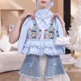 女童春秋季拉布布套装儿童木耳边拼接马甲衬衫牛仔裤秋装两件套潮