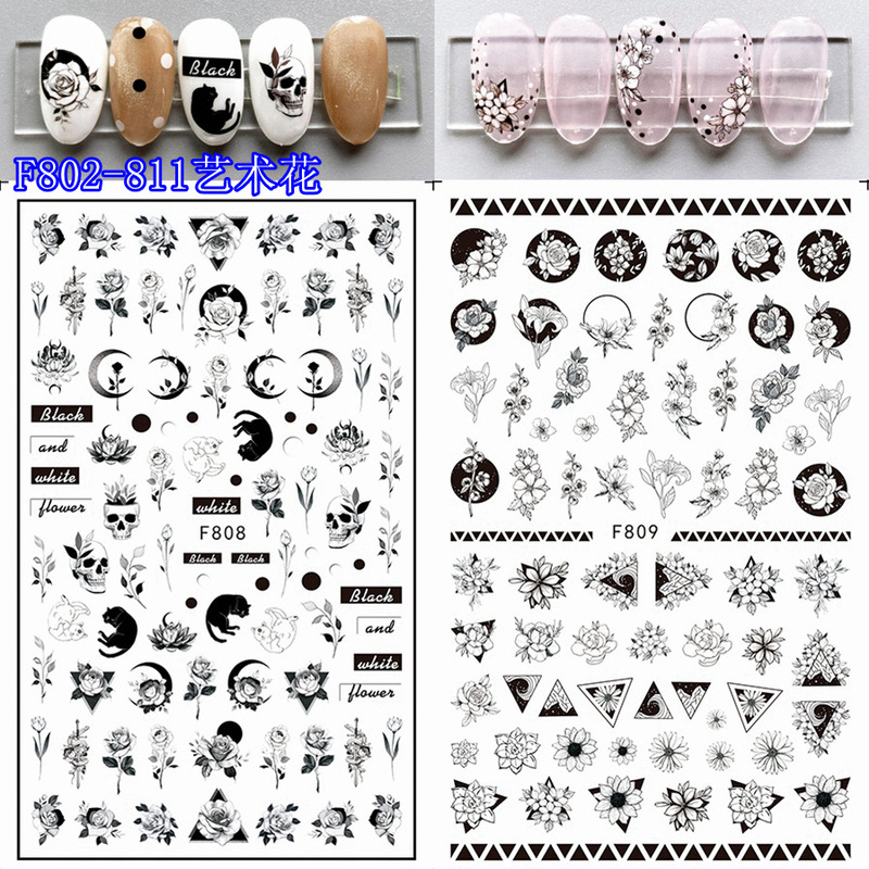 Black Personality Art Flower Avatar Bee Nail Decal Leaves Color Flower Nail Decal Cross-border Exclusive