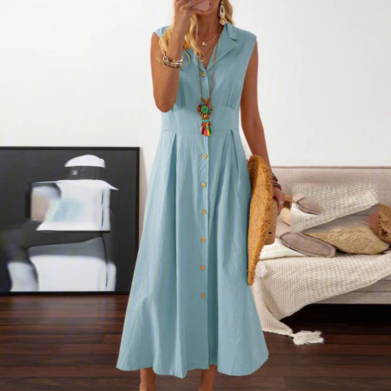 Casual Style Wholesale Women's Casual Solid Color Holiday Daily V Neck Turndown Sleeveless Tank Dress