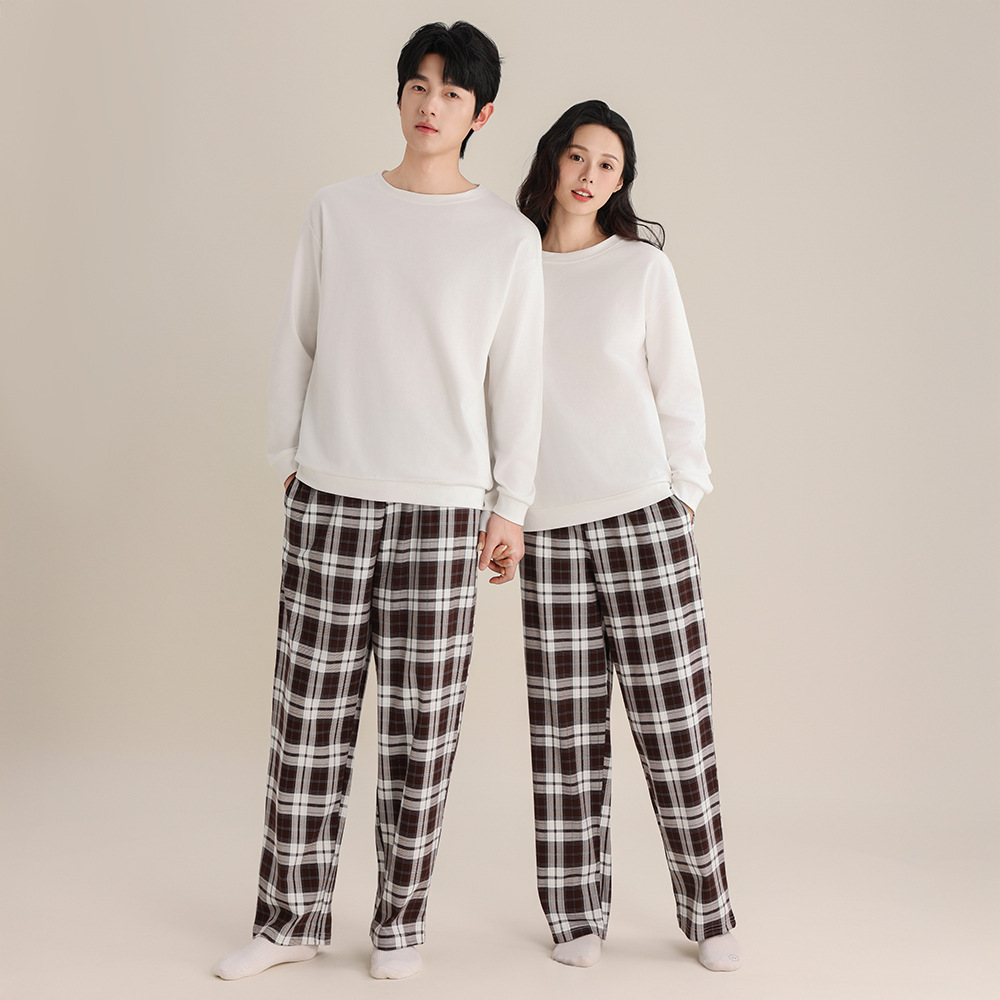 春棉磨毛圆领上衣春秋男女同款睡衣大码休闲格子裤情侣宽松家居服